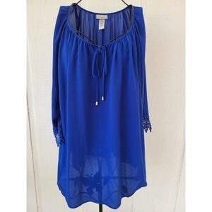 Catherines 2X Tunic Top Crochet Lace Shirt Peasant Blouse Royal Blue 22/24W BOHO